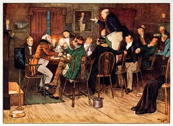 Frontispiz zeigt den Pickwick-Club aus Die nachgelassenen Papiere des Pickwick-Clubs von Charles Dickens